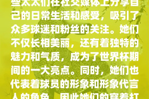 世界杯太太团是指参与世界杯的球队中球员的妻子们组成的团体。这些太太们在世界杯期间备受关注，她们的出现也为比赛增添了不少色彩和看点。这些太太们在社交媒体上分享自己的日常生活和感受，吸引了众多球迷和粉丝的关注。她们不仅长相美丽，还有着独特的魅力和气质，成为了世界杯期间的一大亮点。同时，她们也代表着球员的形象和形象代言人的角色，因此她们的穿着打扮和言行举止备受关注。总之，世界杯太太团是世界杯期间不可或缺的一部分，她们的出现也为球迷们带来了更多的观赏乐趣。